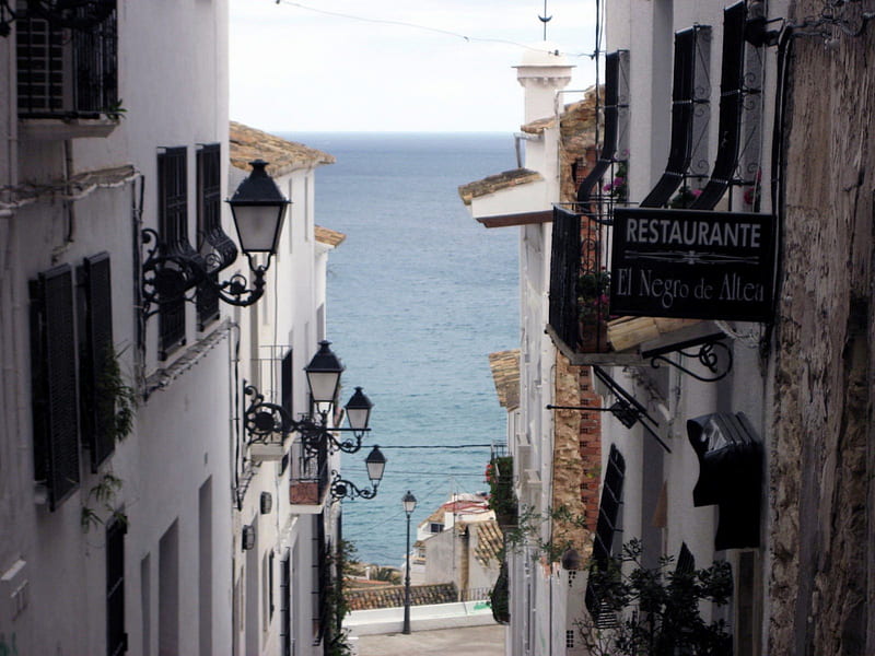 Altea, Spain, architecture, houses, white, sky, sea, blue, spain, HD wallpaper