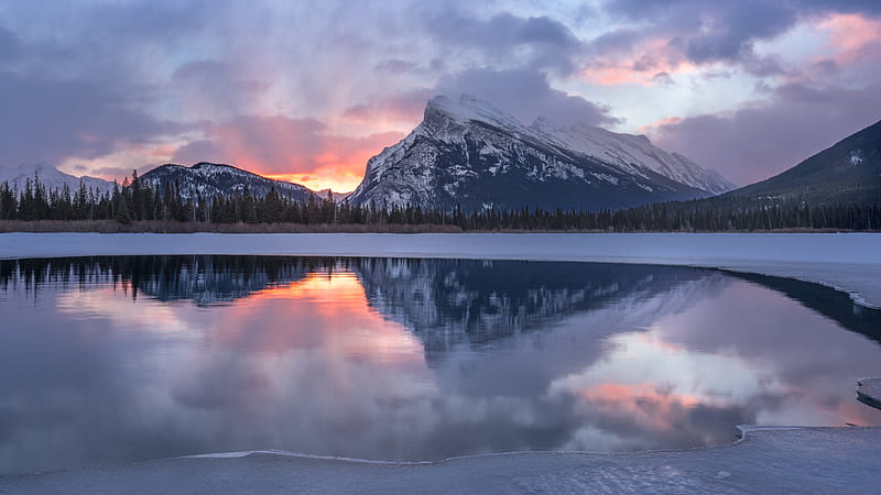 National Park, Banff National Park, Canada, Dawn, Lake, Mountain, Nature, Reflection, Winter, HD wallpaper