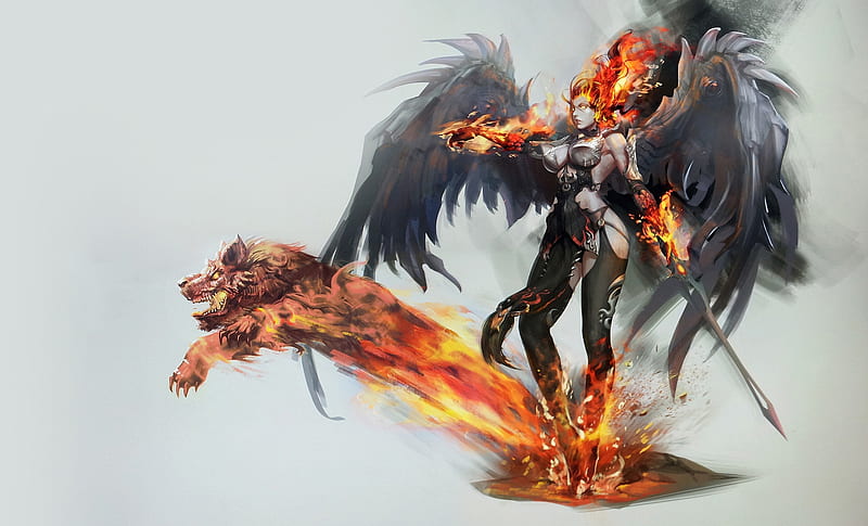 Fire Knight, fantasy woman, bonito, woman, fantasy, beauty, sword, feathers, female, wings, angel, black, abstract, armor, cute, fire, flames, wolf, lady, knight, HD wallpaper
