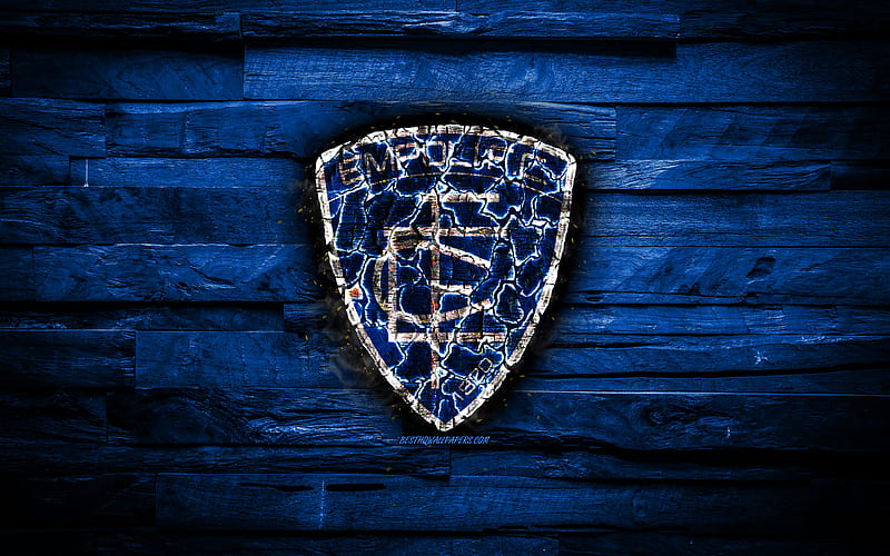 Empoli FC, fiery logo, Serie A, blue wooden background, italian football club, grunge, FC Empoli, football, soccer, Empoli logo, fire texture, Italy, HD wallpaper