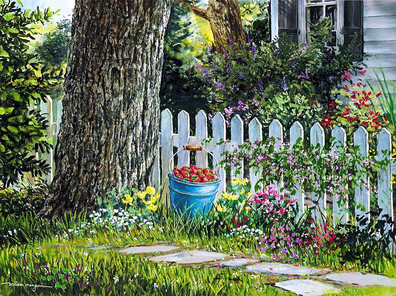 Sweet Pickens, fence, tree, painting, flowers, garden, strawberries, artwork, HD wallpaper