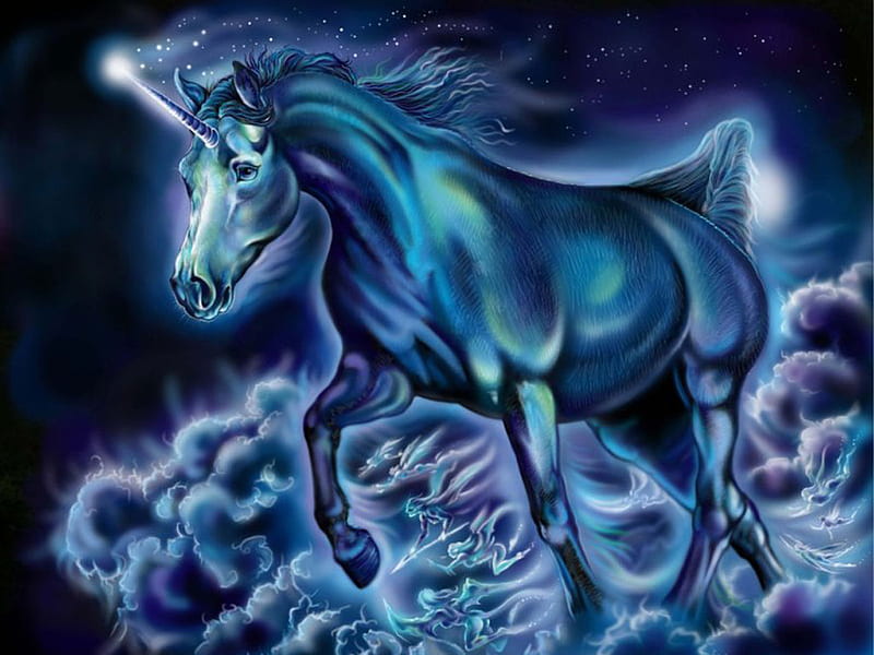 ~Blue Unicorn~, pretty, unicorn, horse, clouds, angels, fantasy, cool, magical, blue, HD wallpaper