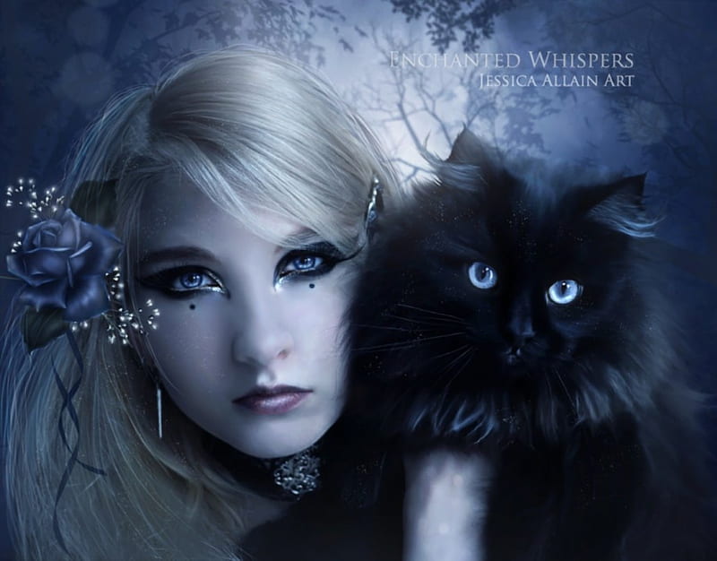 Midnight Blue, fantasy, midnight, cat, lady, blue, HD wallpaper