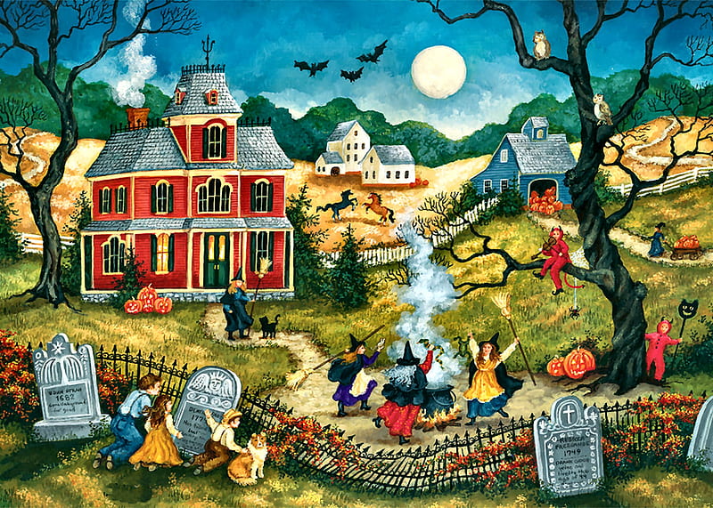 Dancing in the Moonlight , art, house, holiday, tombstones, bonito, illustration, artwork, moon, October, painting, wide screen, occasion, Halloween, HD wallpaper