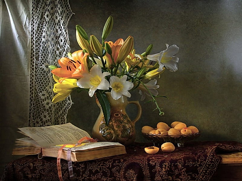 Still life, orange, lilies, book, yellow, vase, flowers, nature, apricots, vintage, HD wallpaper