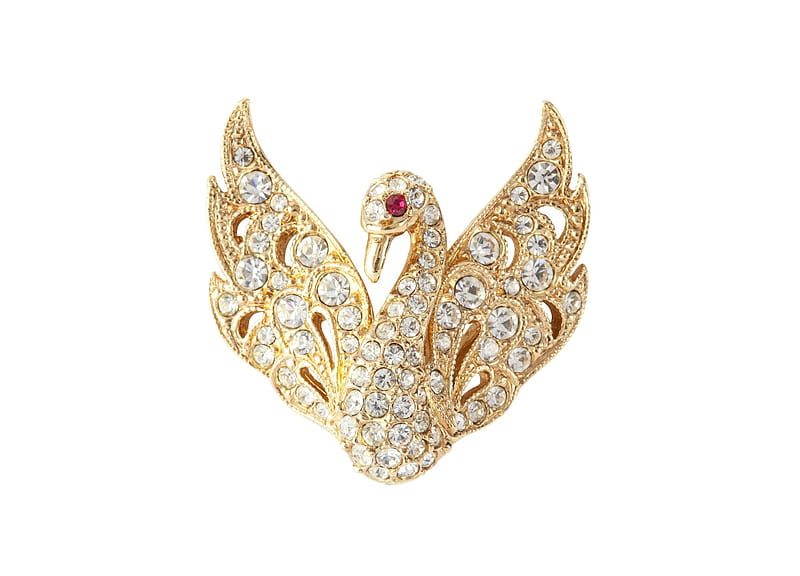 Swan, wings, golden, diamond, card, gold, bird, stone, jewel, white, brooch, red eyes, HD wallpaper