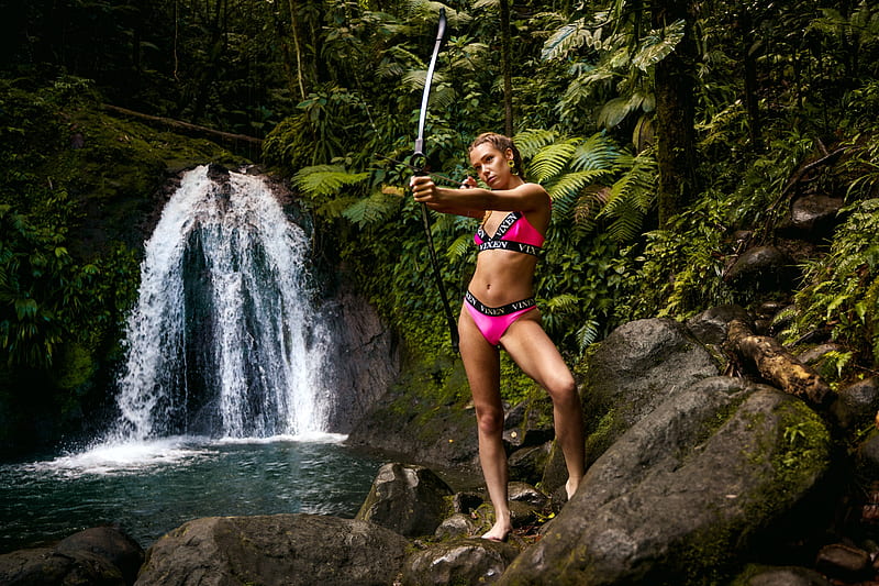Bikini Model ~ Avery Cristy Practicing her Archery, waterfall, brunette, model, bikini, HD wallpaper