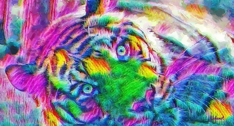 Tiger, colorful, big cat, yellow, by cehenot, cehenot, abstract, animal, green, painting, tigru, pictura, eyes, pink, blue, HD wallpaper