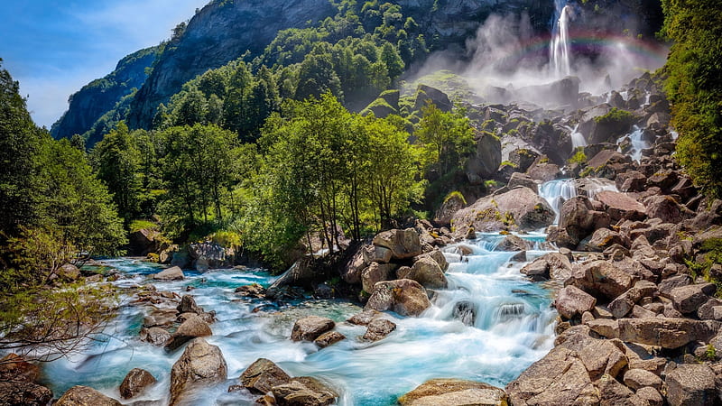 Valle Maggia Switzerland, rocks, waterfall, rainbow, nature, trees, switzerland, HD wallpaper