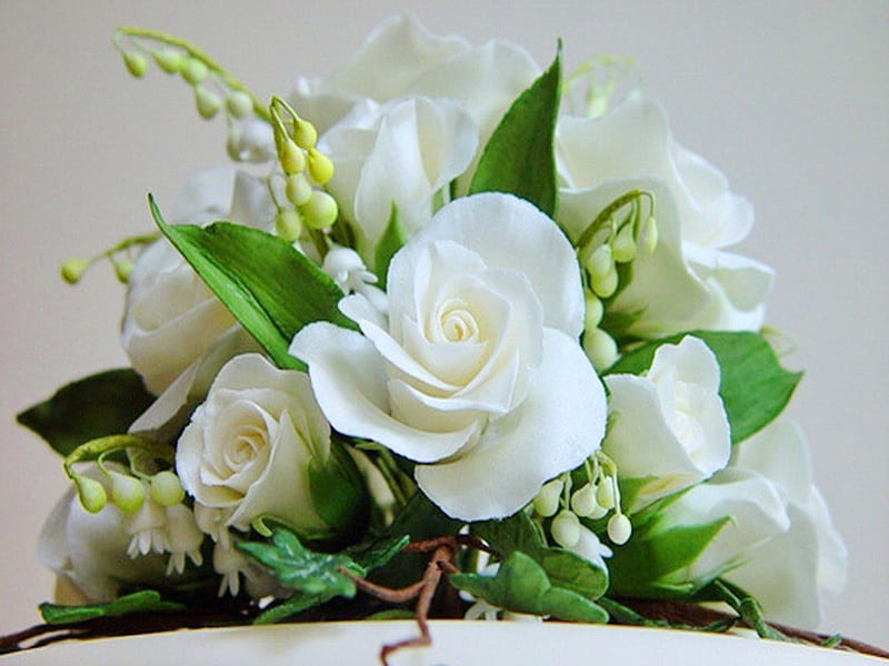 White beauties for Joy, lily of the valley, leaves, green, flowers, roses, white, buds, HD wallpaper