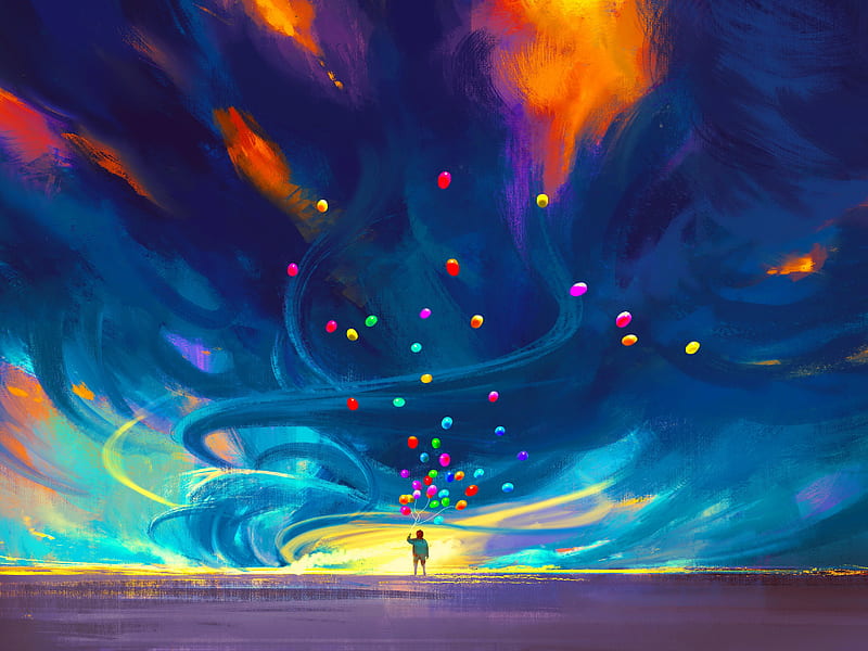 Child with balloons, playing, pretty, colorful, art, bonito, fun, sky, kid, fantasy, balloons, painting, child, HD wallpaper