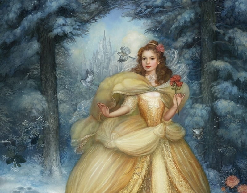 Belle, forest, art, beauty and the beast, dress, luminos, yellow, annie stegg, winter, iarna, fantasy, girl, flower, princess, blue, HD wallpaper