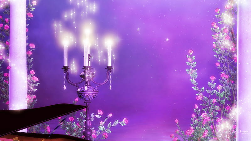 Candlelight Serenade, stars, lighting, firefox persona, lavender, lights, candles, purple, bright, flowers, vines, HD wallpaper