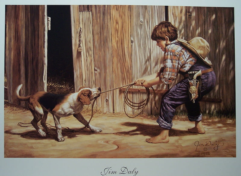 Cowboy Buckaroo, struggle, tug of war, boy, rope, barn, dog, HD wallpaper