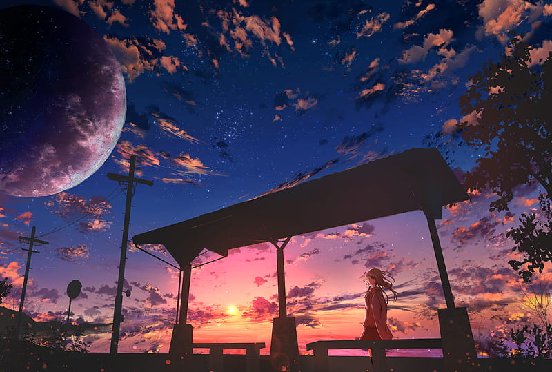 girl, twilight, clouds, anime, HD wallpaper