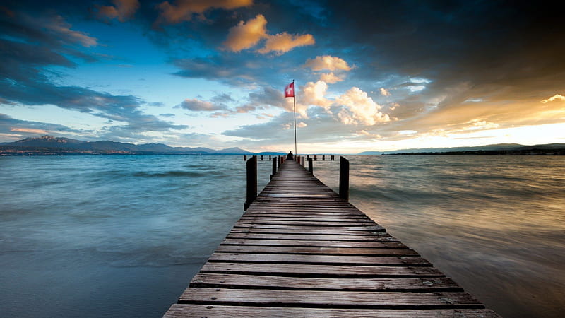 pier on a beautiful swiss lake, mountains, pier, clouds, lake, flag, HD wallpaper