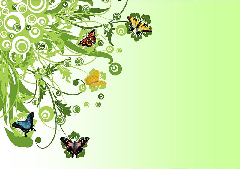 Butterfly Fantasy, fantasy, butterfly, green, circles, flowers, butterflies, abstract, HD wallpaper