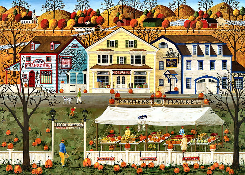 Farmer's Market F, architecture, planting, art, bonito, illustration, artwork, farm, painting, wide screen, scenery, crops, landscape, HD wallpaper
