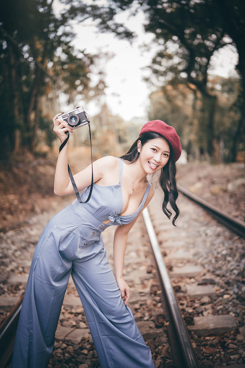 women, women outdoors, outdoors, camera, dark hair, hat, women with hats, smiling, railway, looking at viewer, Chinese, HD phone wallpaper