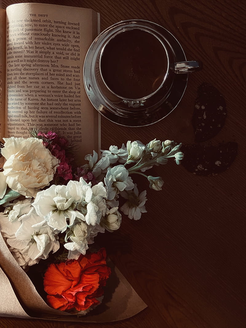 cup, flowers, book, still life, HD phone wallpaper