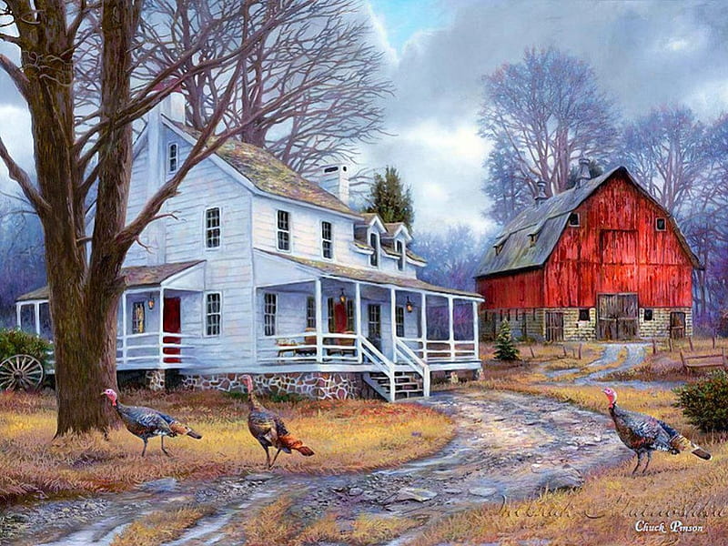 Late Autumn, cottages, painting, birds, path, trees, HD wallpaper
