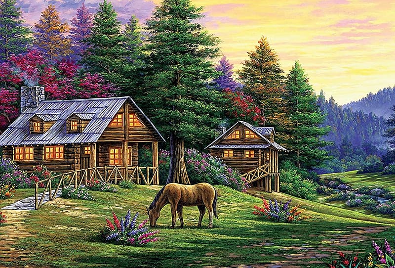 Rock of Wolves, nature, horse, houses, artwork, painting, trees, HD wallpaper