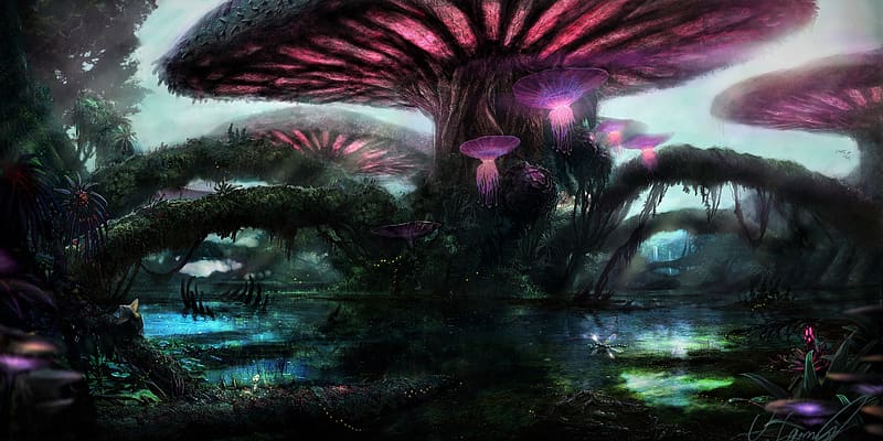 Fantasy, Forest, Tree, Mushroom, Purple, Magical, HD wallpaper