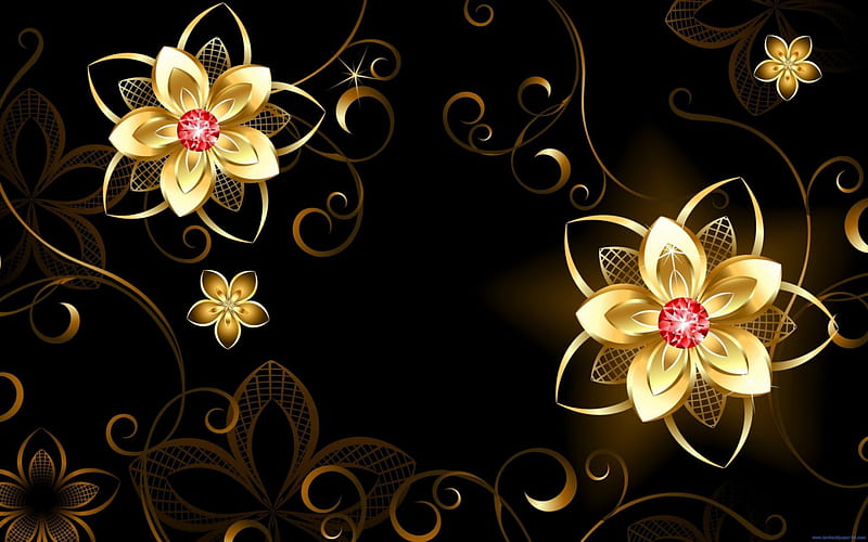 Gold Flowers Abstract, flowers, gold flowers, gems, gold, HD wallpaper