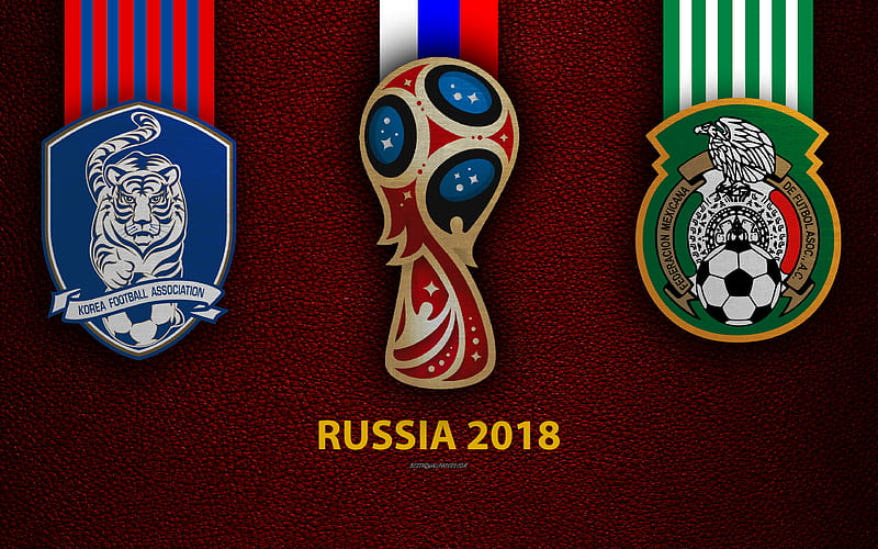 South Korea vs Mexico Group F, football, logos, 2018 FIFA World Cup, Russia 2018, burgundy leather texture, Russia 2018 logo, cup, South Korea, Mexico, national teams, football match, HD wallpaper