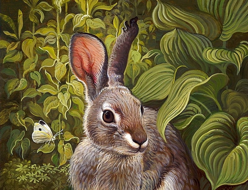 Bunny, art, green, yana movchan, rabbit, HD wallpaper