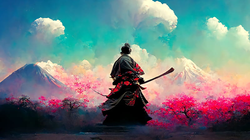 Create wa wallpaper for pc with a samurai in a field