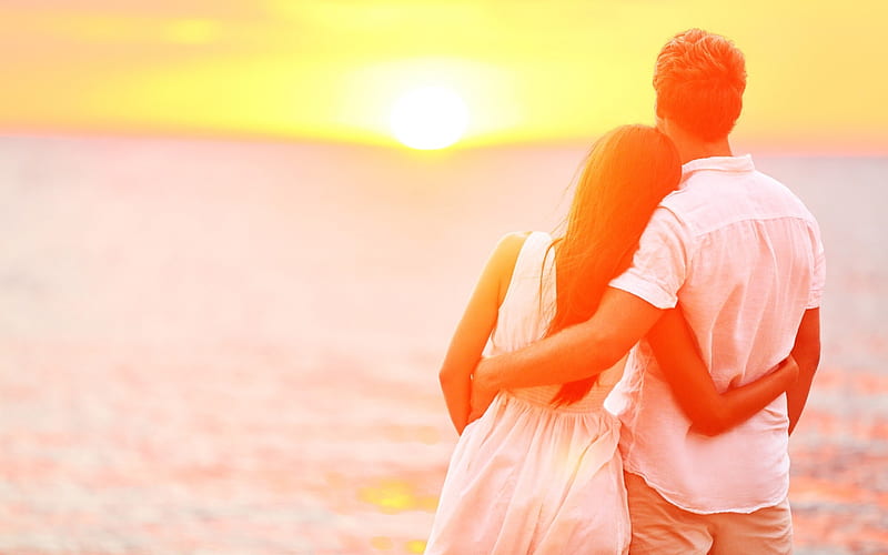 couple, sunset, beach, romantic, embrace, cute, Others, HD wallpaper