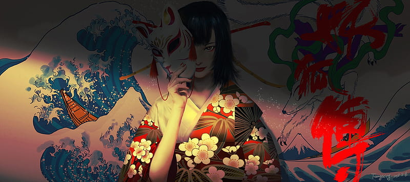 Geisha, red, luminos, girl, fang xyniu, fox, kimono, mask, fang xinyu, flower, HD wallpaper