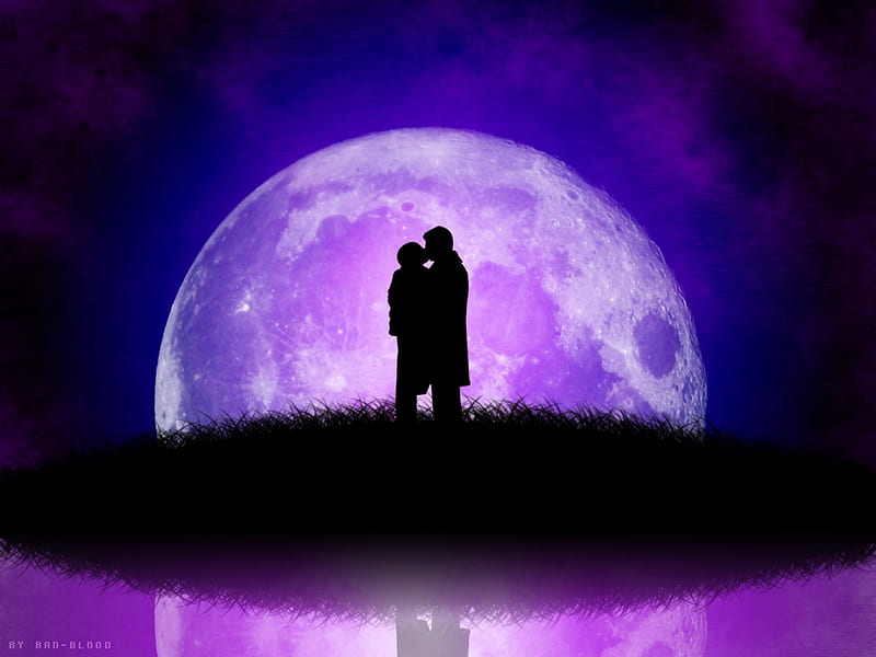 Under The Moon, moon, isle, romantic, love, dance, kiss, couple, lilac sky, HD wallpaper
