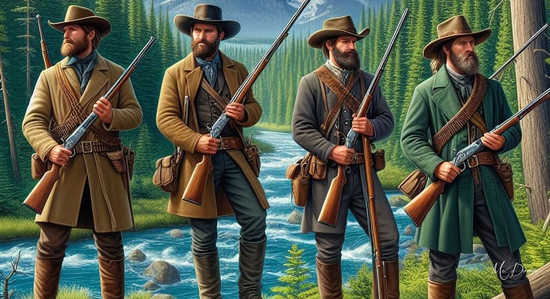 Mountain Men, men, cowboys, river, rifles, frontier, western, woods, HD wallpaper