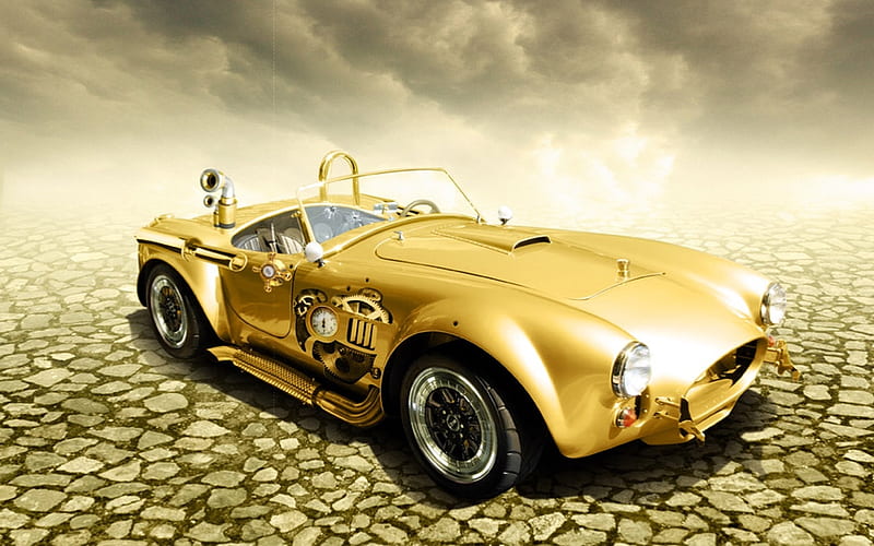 Steampunk Golden Car, gold, fantasy, Steampunk, Automobile, car, road, HD wallpaper