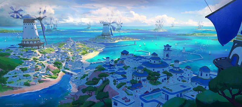 fantasy landscape, island, sea, giant windmill, village, white houses, Fantasy, HD wallpaper