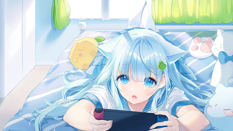 anime girl, aqua hair, lying down, resting, school uniform, animal ears, Anime, HD wallpaper