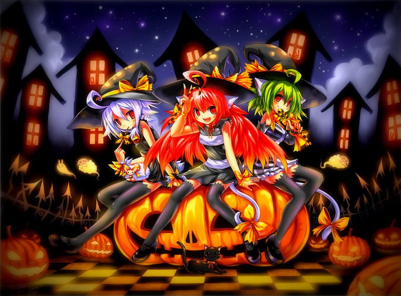 *Happy Cute Halloween*, pretty, colorful, holidays, jolly, halloween, witches, bonito, magic, digital media, sweet, paintings, anime, pumpkin, drawings, light, night, enjoy, hats, lovely, cheerful, happiness, manga, colors, dresses, hat, candles, cute, fire, cool, HD wallpaper