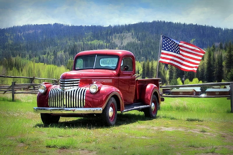 American Made, quintessential, american flag, patriotic, love four seasons, attractions in dreams, carros, graphy, chevrolet, landscapes, chevy truck, summer, classic, retro car, HD wallpaper