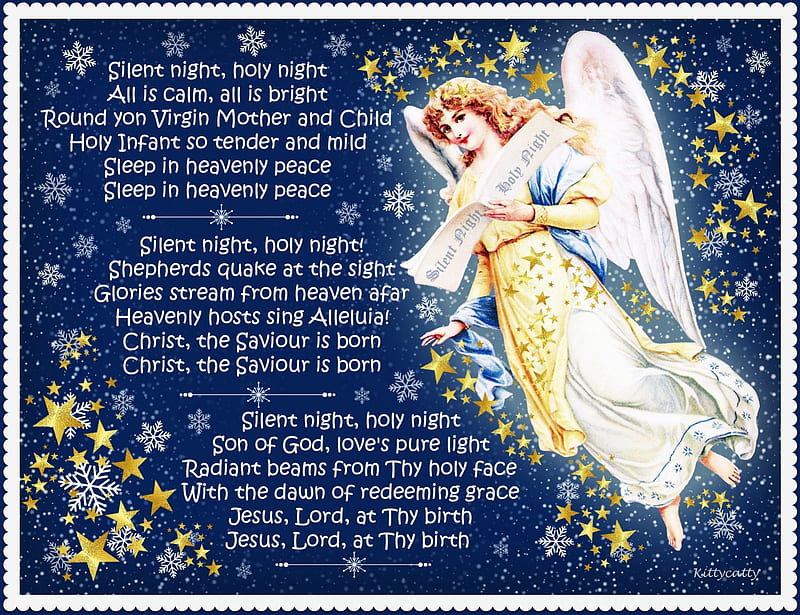 .*.*.*.Silent Night.*.*.*. , christmas eve, christmas carol, golden stars, christmas, angel, holy night, sky, xmas, silent night, merry christmas, snow, snowflakes, night, HD wallpaper