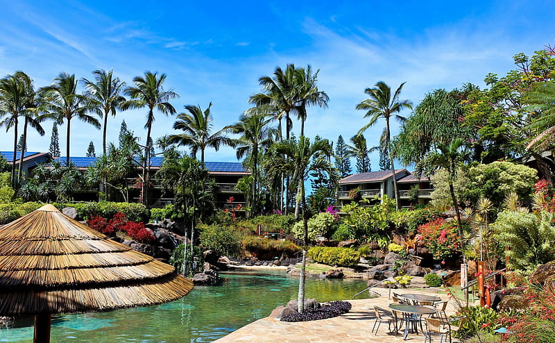 Hanalei Bay Resort Swimming Pool Kauai Hawaii, polynesia, resort, palm, hot, polynesian, swimming, hotel, exotic, islands, hawaii, hanalei, trees, pool, tub, water, paradise, gardens, garden, jacuzzi, island, bay, tropical, kauai, HD wallpaper