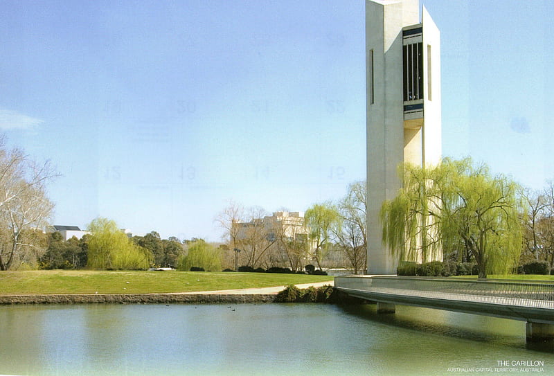The Carillon in Australian Capital Territory ( Canberra) Australia, willow, bridge, trees, lake, pak, HD wallpaper