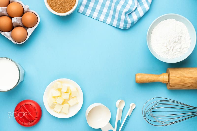 Let's bake a cake, kitchen, bowl, eggs, blue, graphy, rolling pin, spoons, benchtop, beater, abstract, butter, flower, HD wallpaper