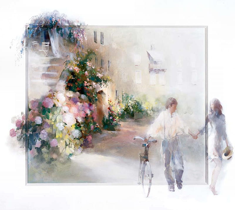 Two Happy People, art, cityscape, bicycle, bonito, illustration, artwork, Haenraets, painting, flowers, scenery, HD wallpaper