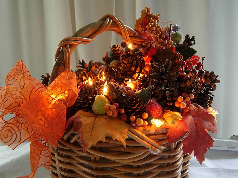 Autumn Greetings, leaves, basket, fruits, pinecones, lights, HD wallpaper