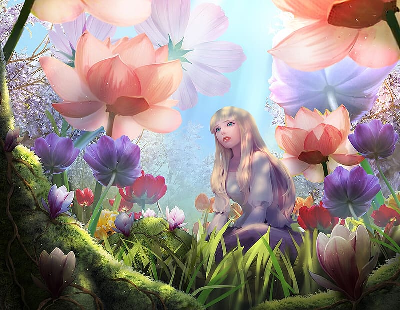 Princess in the garden, pink, charee kim, art, fantasy, flower, garden, girl, princess, view from down, HD wallpaper