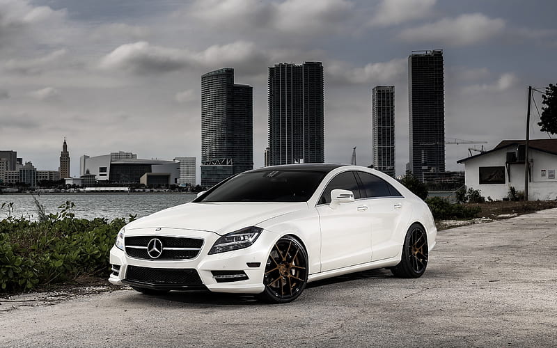 Mercedes CLS550, white luxury sedan, German cars, tuning CLS, bronze wheels, Avant Garde wheels, HD wallpaper