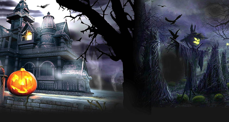 Haunted Halloween Night, house, bats, jack o lanterns, haunted house, birds, scarecrow, trees, fog, hat, mansion, cornstalks, branches, pumpkins, HD wallpaper