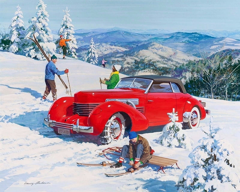 Skier and Cord - 1937, draw and paint, love four seasons, attractions in dreams, Cord 1937, winter, carros, paintings, snow, people, skiing, retro car, HD wallpaper
